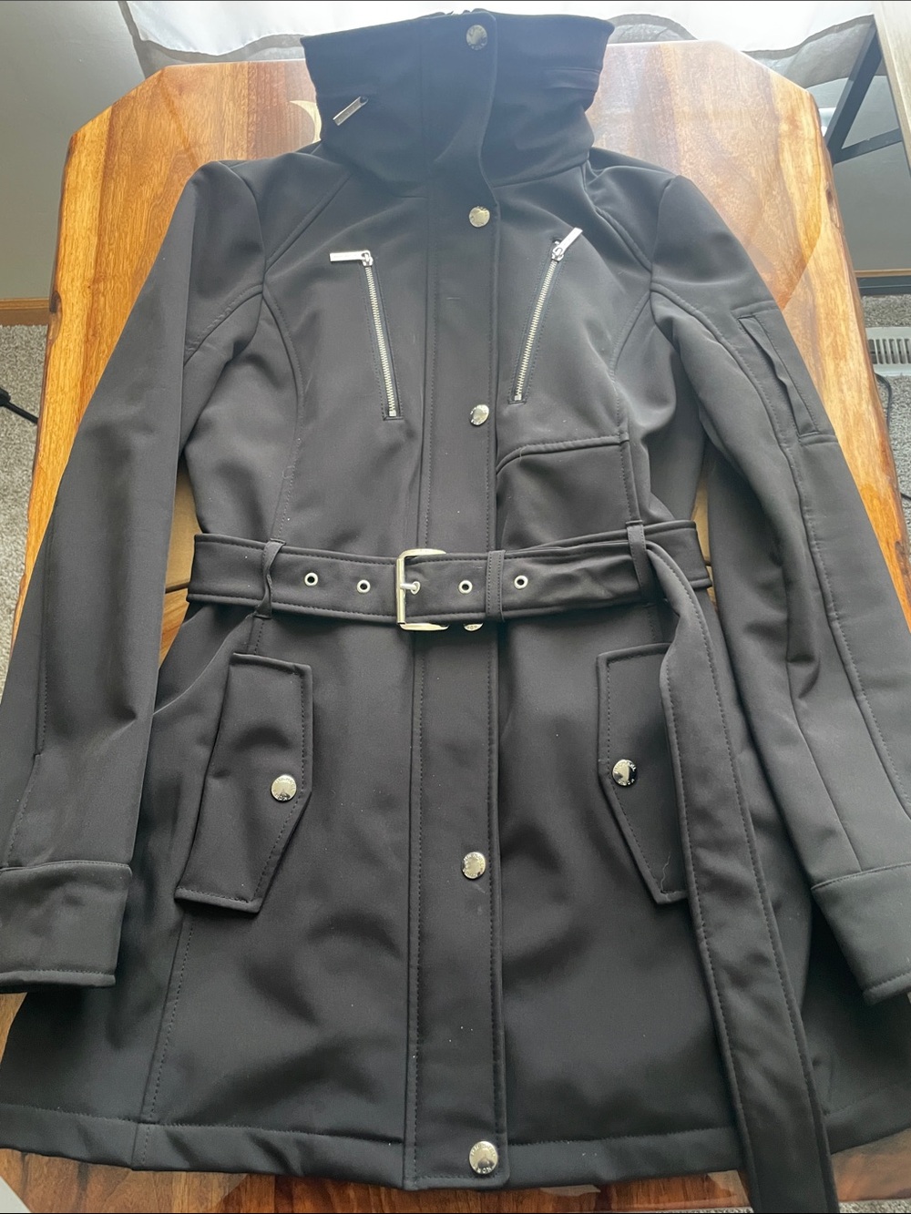 Rain Coat Fleece Lined Customizable Hood Silver Hardware Belted Zipper Snaps
